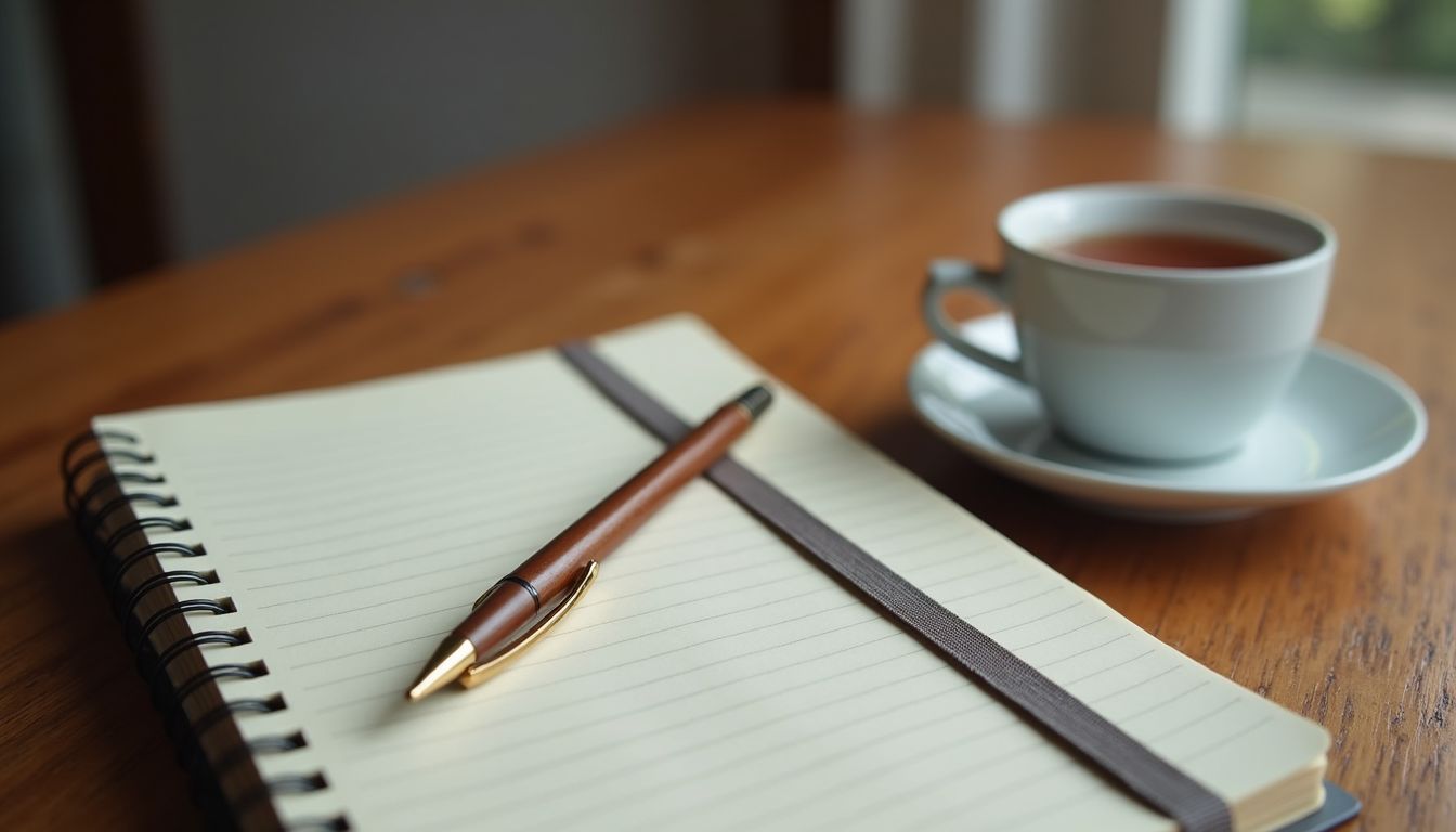Close-up view of a journal and pen on a wooden table with a cup of tea