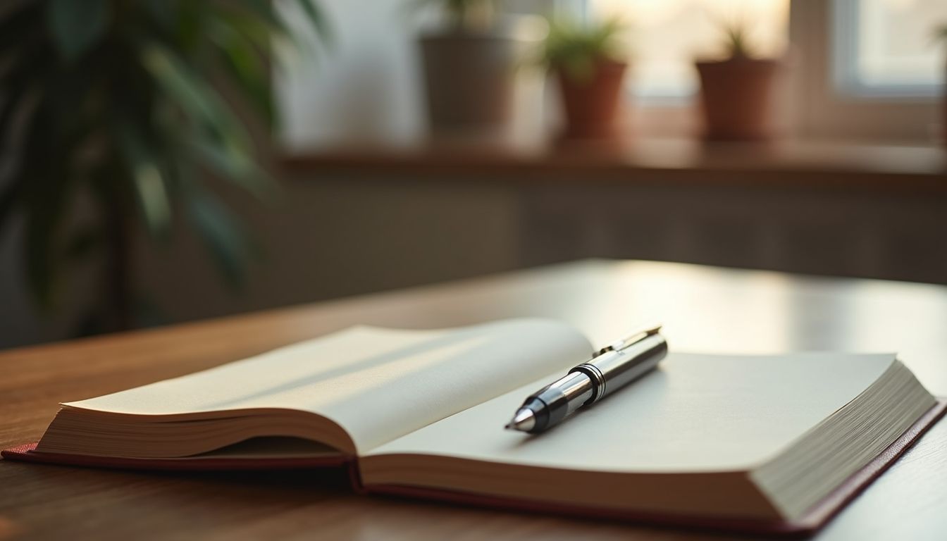 Close-up view of a journal and pen on a wooden table, symbolising reflection and mindfulness